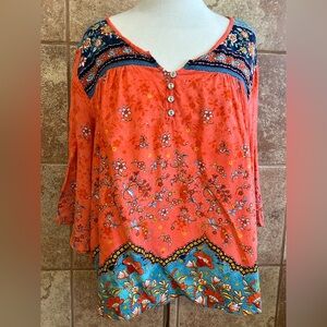 Orientique Naturally Australian Colorful Boho Top With Flair Sleeves 1X